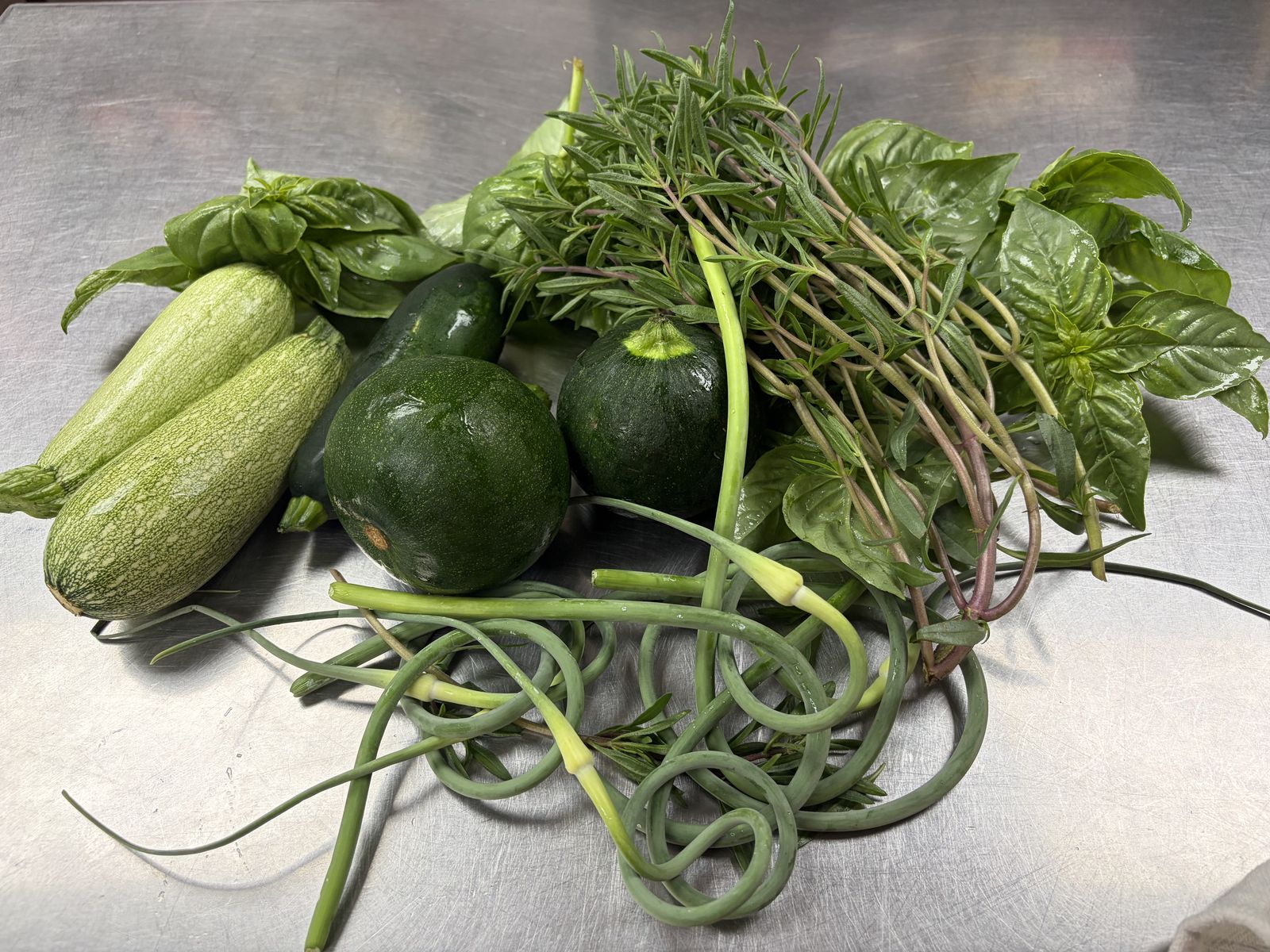 Squash, basil, and garlic scapes fresh from the garden