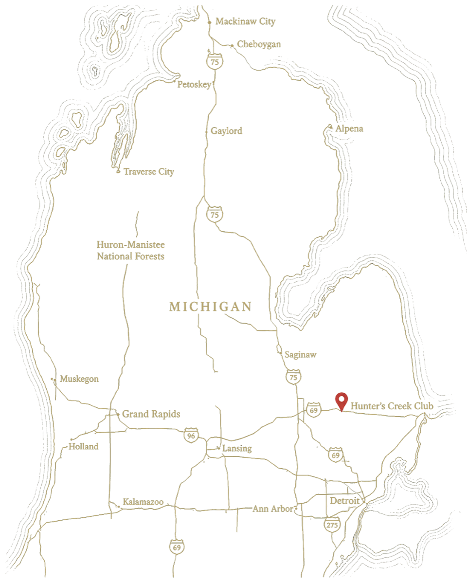 Map of Michigan showing Hunters Creek Club east of I-69 near Metamora